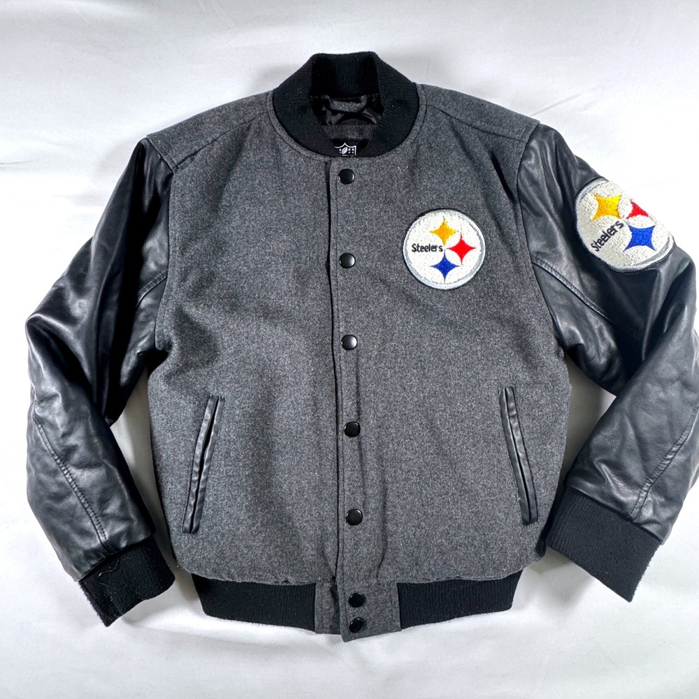 NFL Pittsburgh Steelers Varsity Jacket Youth Size M 10-12 Black Gray Blend - Picture 3 of 9